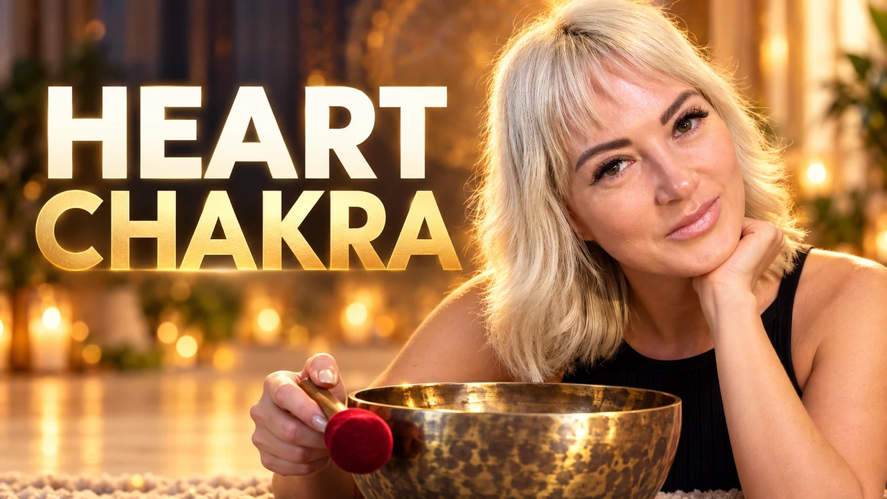 Viktoria holding a Tibetan singing bowl beside the words Heart Chakra.
